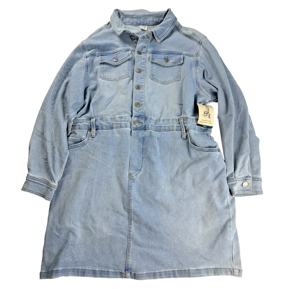 Terra & Sky Mini Utility Denim Dress NWT Plus 0X 14W Light Wash Button Up